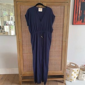 Electric Feathers Navy Blue Gauzy Cotton Jumpsuit
